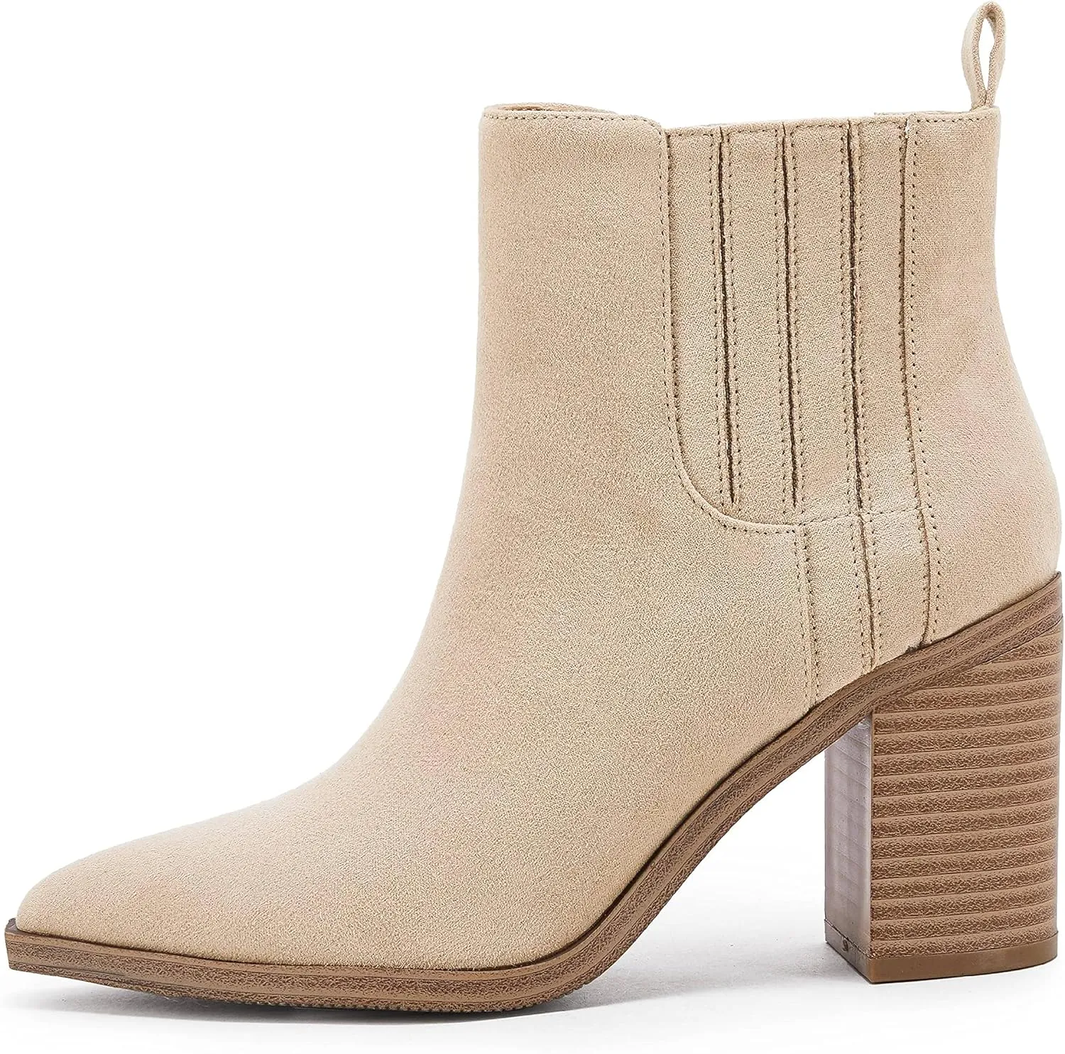 Womens Ankle Boots Slip on Pointed Toe Chunky Block Mid Heel Leather Elastic Panel Casual Chelsea Western Booties