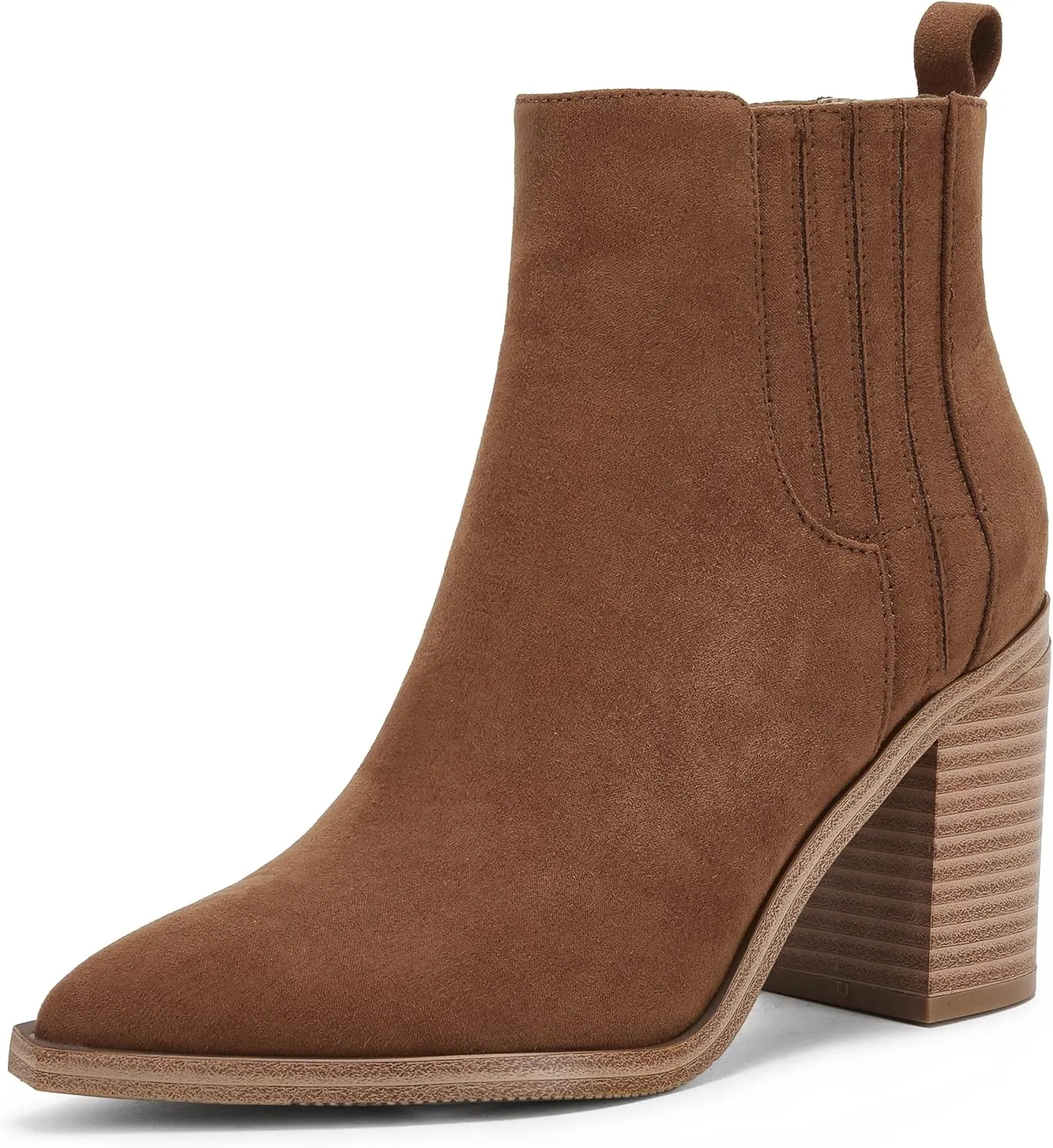 Womens Ankle Boots Slip on Pointed Toe Chunky Block Mid Heel Leather Elastic Panel Casual Chelsea Western Booties