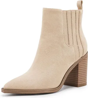 Womens Ankle Boots Slip on Pointed Toe Chunky Block Mid Heel Leather Elastic Panel Casual Chelsea Western Booties