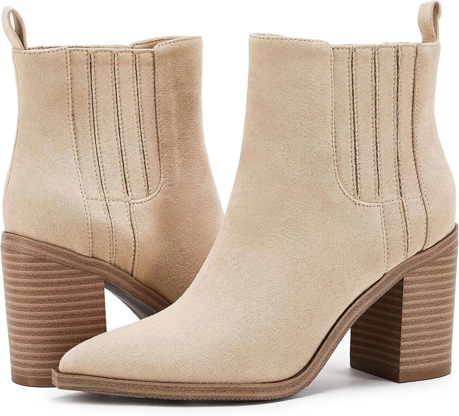 Womens Ankle Boots Slip on Pointed Toe Chunky Block Mid Heel Leather Elastic Panel Casual Chelsea Western Booties