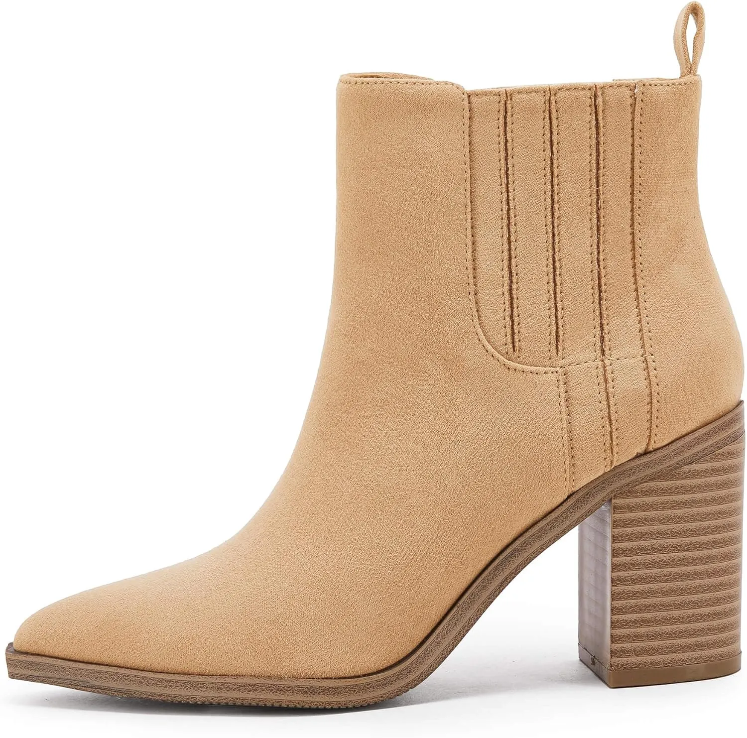 Womens Ankle Boots Slip on Pointed Toe Chunky Block Mid Heel Leather Elastic Panel Casual Chelsea Western Booties