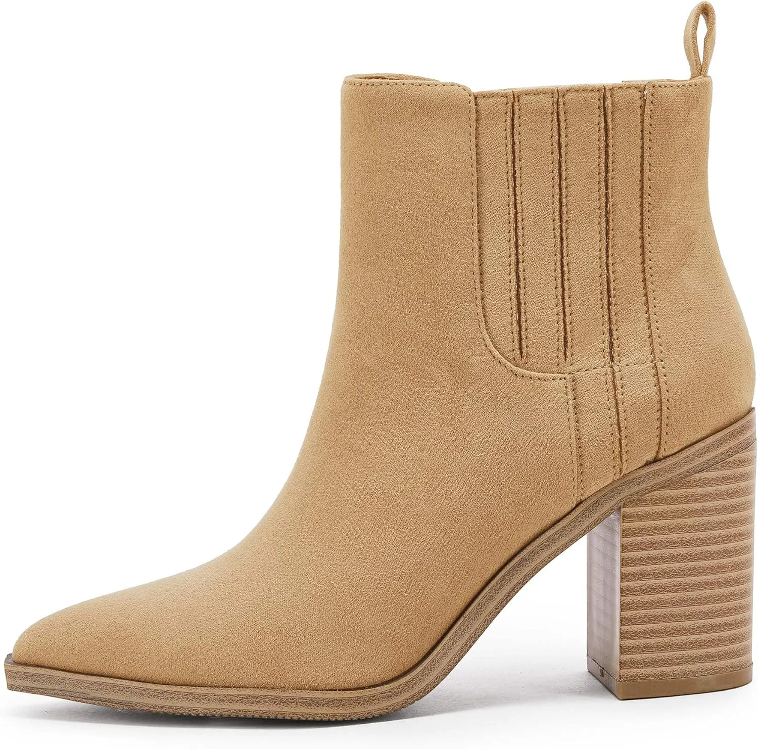 Womens Ankle Boots Slip on Pointed Toe Chunky Block Mid Heel Leather Elastic Panel Casual Chelsea Western Booties