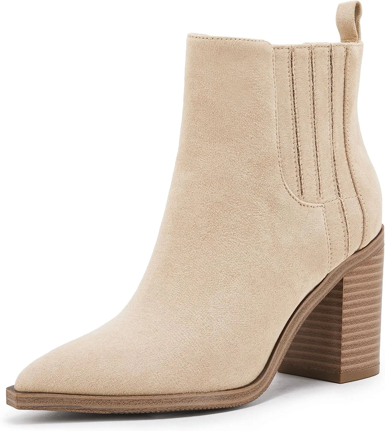 Womens Ankle Boots Slip on Pointed Toe Chunky Block Mid Heel Leather Elastic Panel Casual Chelsea Western Booties