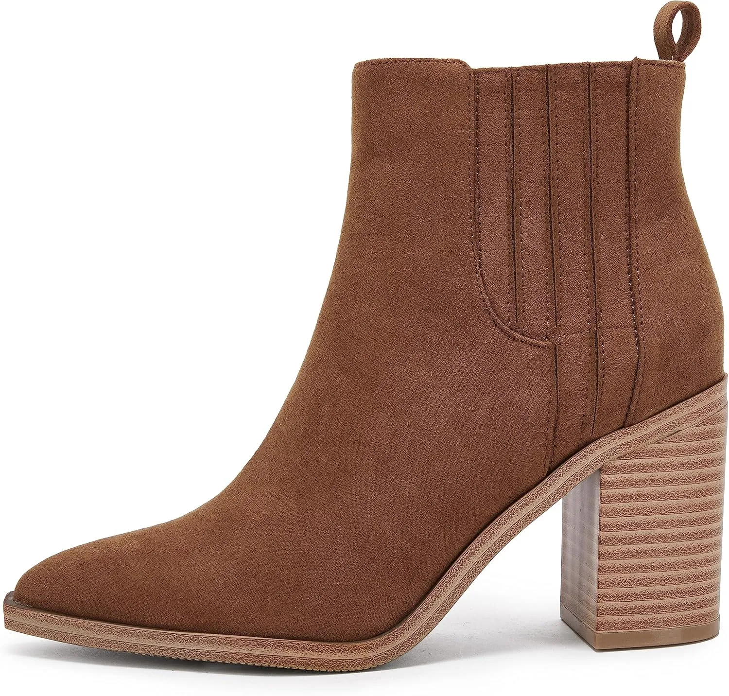 Womens Ankle Boots Slip on Pointed Toe Chunky Block Mid Heel Leather Elastic Panel Casual Chelsea Western Booties