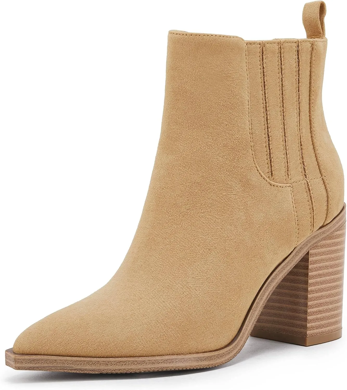 Womens Ankle Boots Slip on Pointed Toe Chunky Block Mid Heel Leather Elastic Panel Casual Chelsea Western Booties