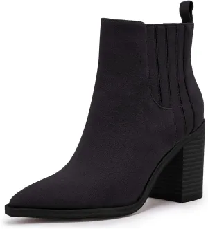 Womens Ankle Boots Slip on Pointed Toe Chunky Block Mid Heel Leather Elastic Panel Casual Chelsea Western Booties