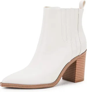 Womens Ankle Boots Slip on Pointed Toe Chunky Block Mid Heel Leather Elastic Panel Casual Chelsea Western Booties