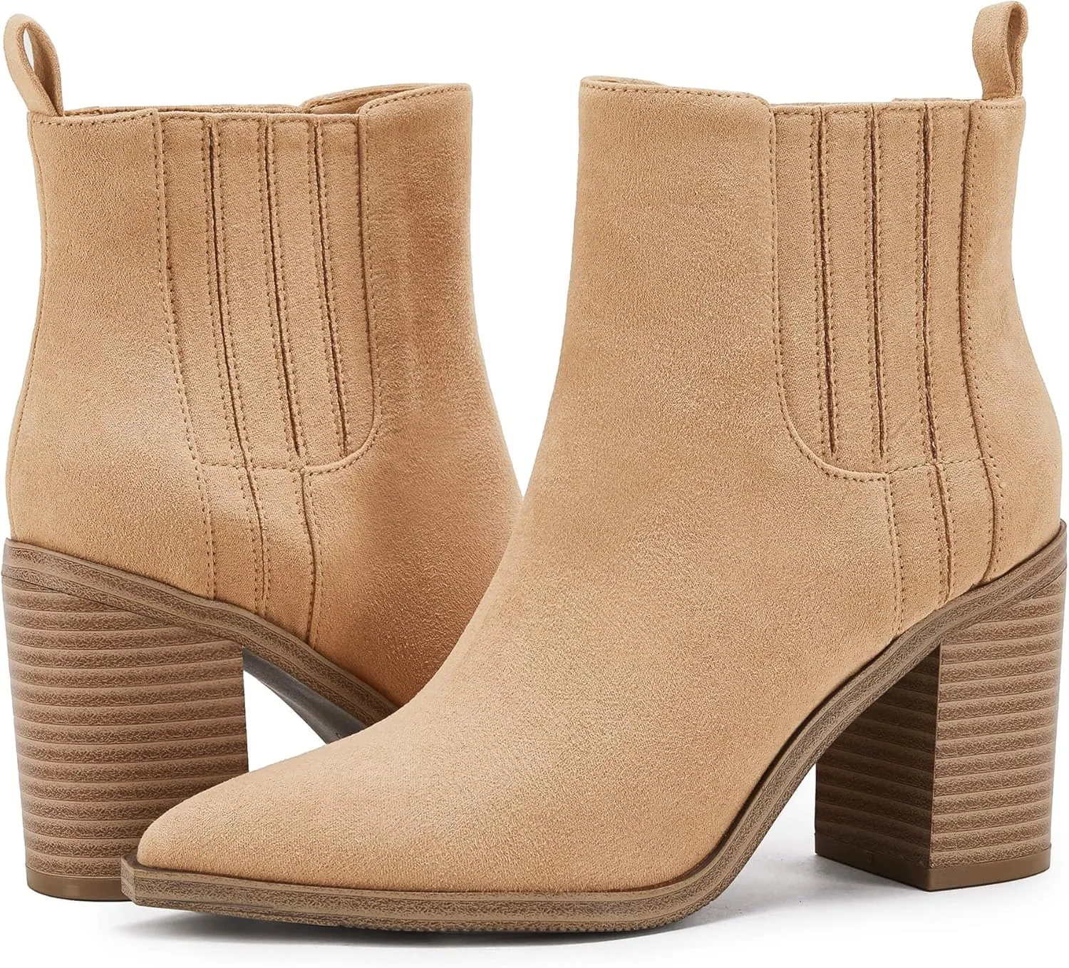 Womens Ankle Boots Slip on Pointed Toe Chunky Block Mid Heel Leather Elastic Panel Casual Chelsea Western Booties