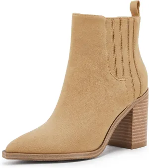 Womens Ankle Boots Slip on Pointed Toe Chunky Block Mid Heel Leather Elastic Panel Casual Chelsea Western Booties