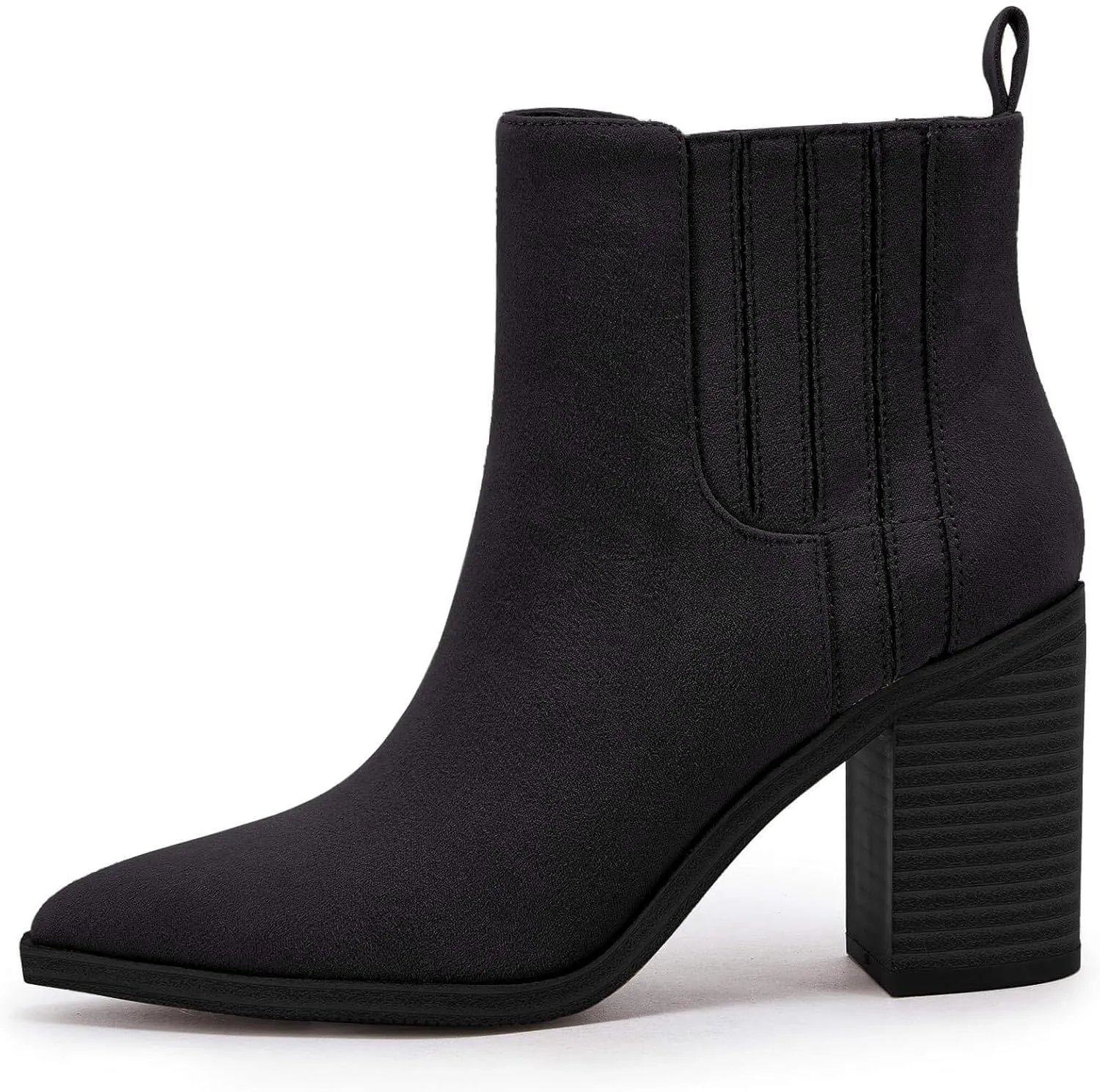 Womens Ankle Boots Slip on Pointed Toe Chunky Block Mid Heel Leather Elastic Panel Casual Chelsea Western Booties