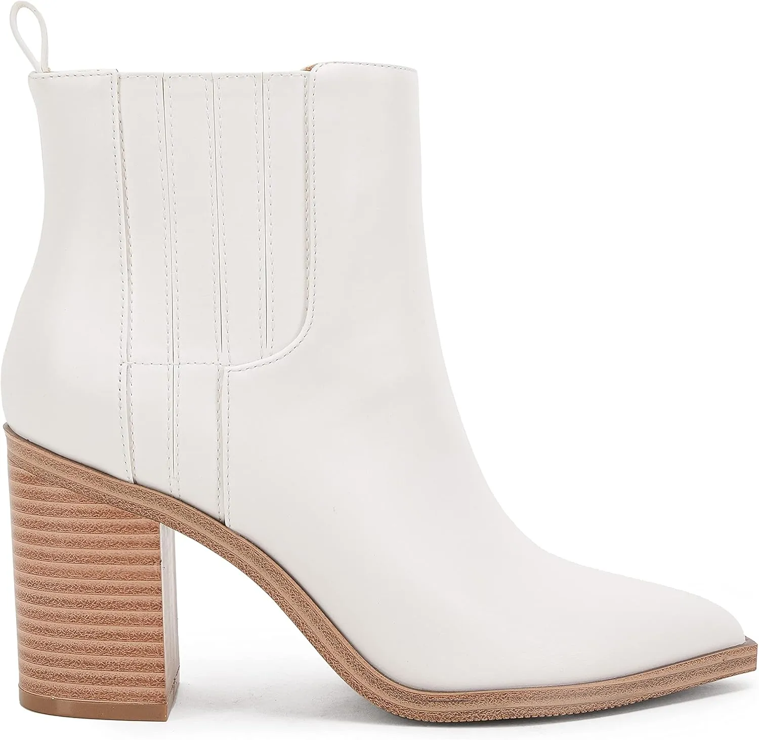Womens Ankle Boots Slip on Pointed Toe Chunky Block Mid Heel Leather Elastic Panel Casual Chelsea Western Booties