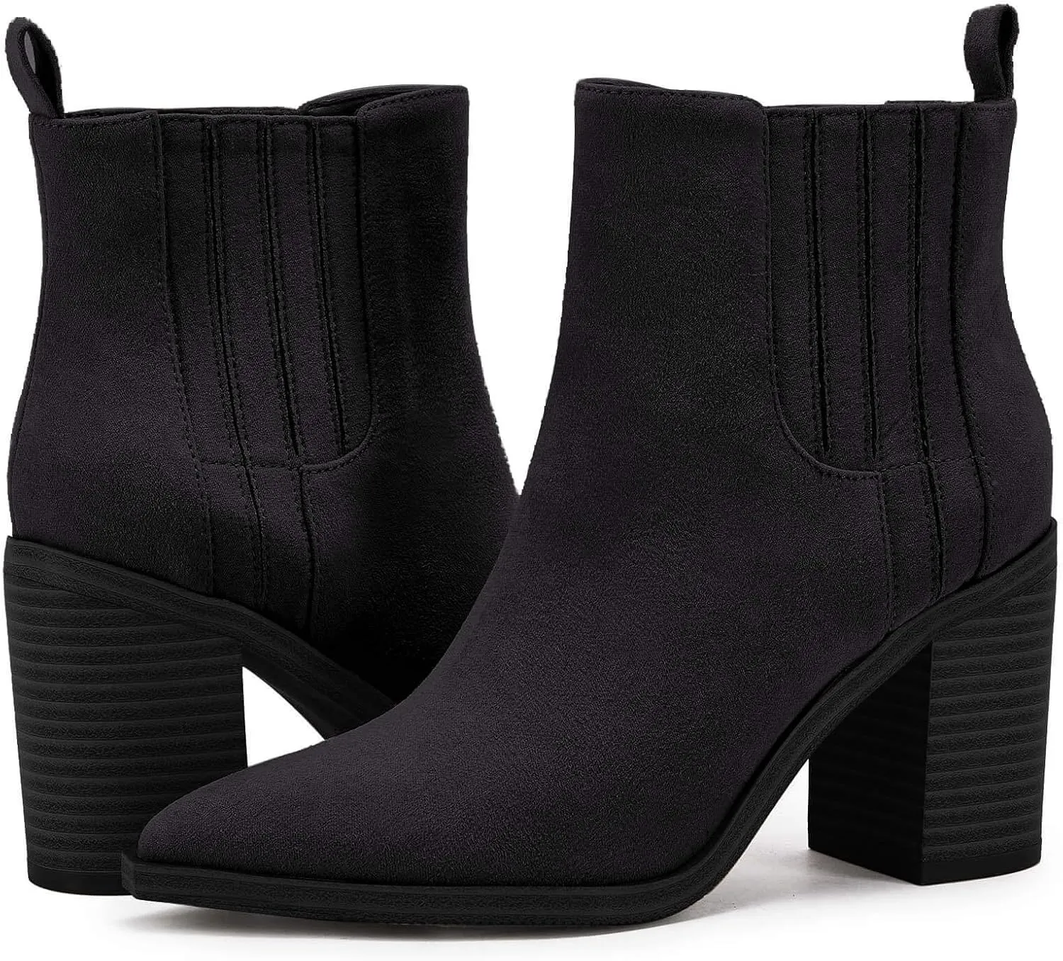 Womens Ankle Boots Slip on Pointed Toe Chunky Block Mid Heel Leather Elastic Panel Casual Chelsea Western Booties