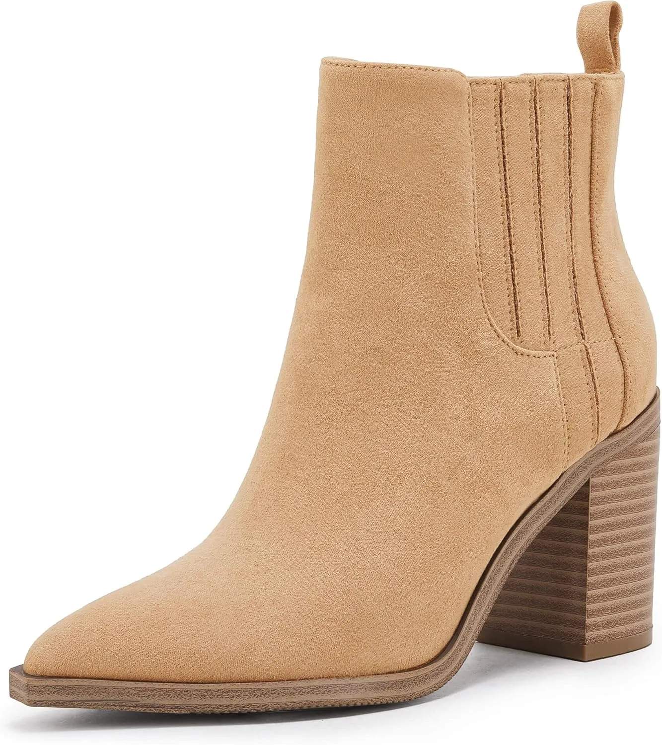Womens Ankle Boots Slip on Pointed Toe Chunky Block Mid Heel Leather Elastic Panel Casual Chelsea Western Booties