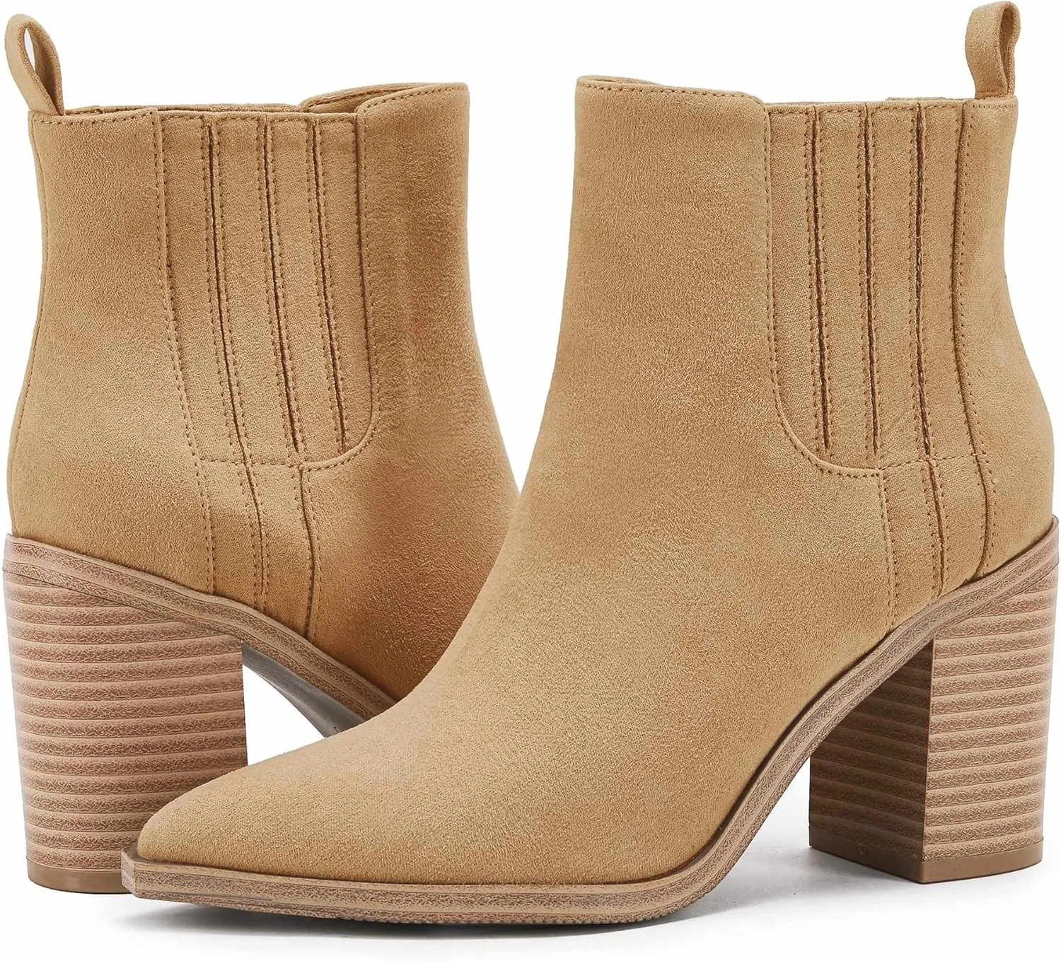 Womens Ankle Boots Slip on Pointed Toe Chunky Block Mid Heel Leather Elastic Panel Casual Chelsea Western Booties