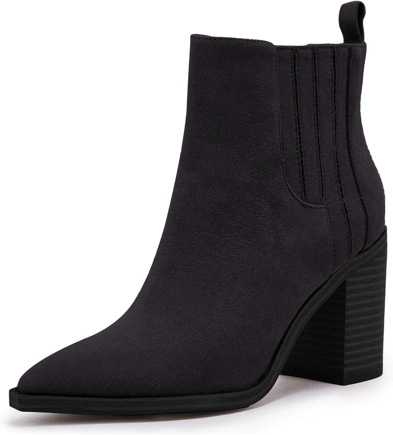 Womens Ankle Boots Slip on Pointed Toe Chunky Block Mid Heel Leather Elastic Panel Casual Chelsea Western Booties