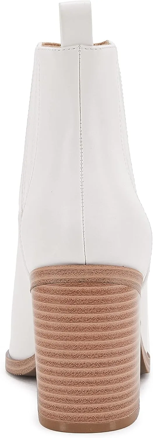 Womens Ankle Boots Slip on Pointed Toe Chunky Block Mid Heel Leather Elastic Panel Casual Chelsea Western Booties