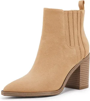 Womens Ankle Boots Slip on Pointed Toe Chunky Block Mid Heel Leather Elastic Panel Casual Chelsea Western Booties