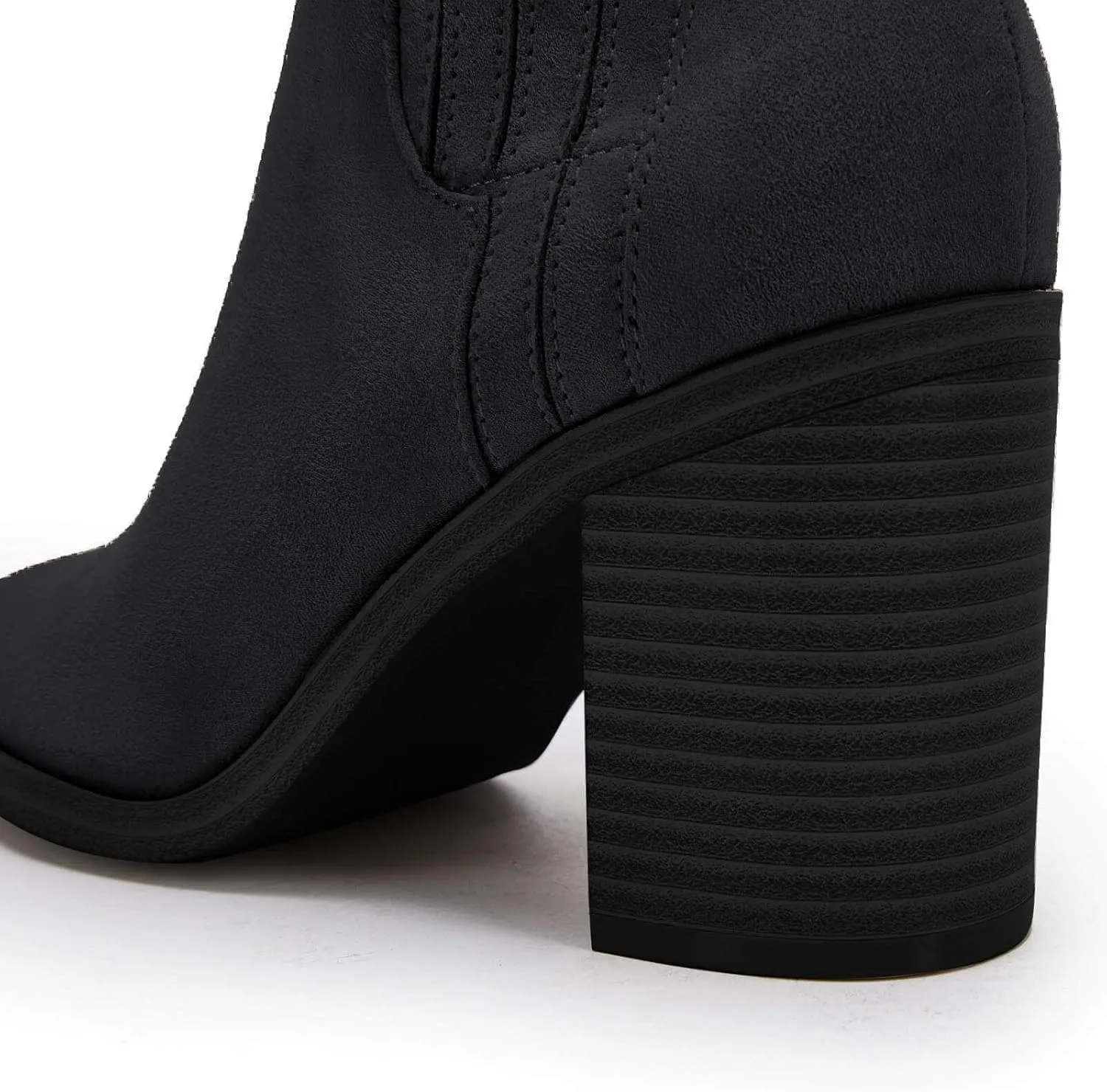 Womens Ankle Boots Slip on Pointed Toe Chunky Block Mid Heel Leather Elastic Panel Casual Chelsea Western Booties