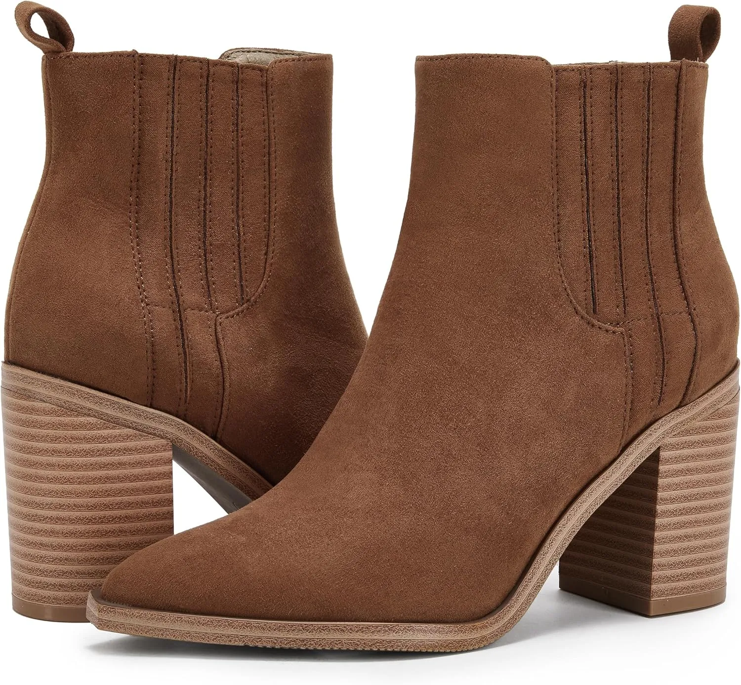 Womens Ankle Boots Slip on Pointed Toe Chunky Block Mid Heel Leather Elastic Panel Casual Chelsea Western Booties