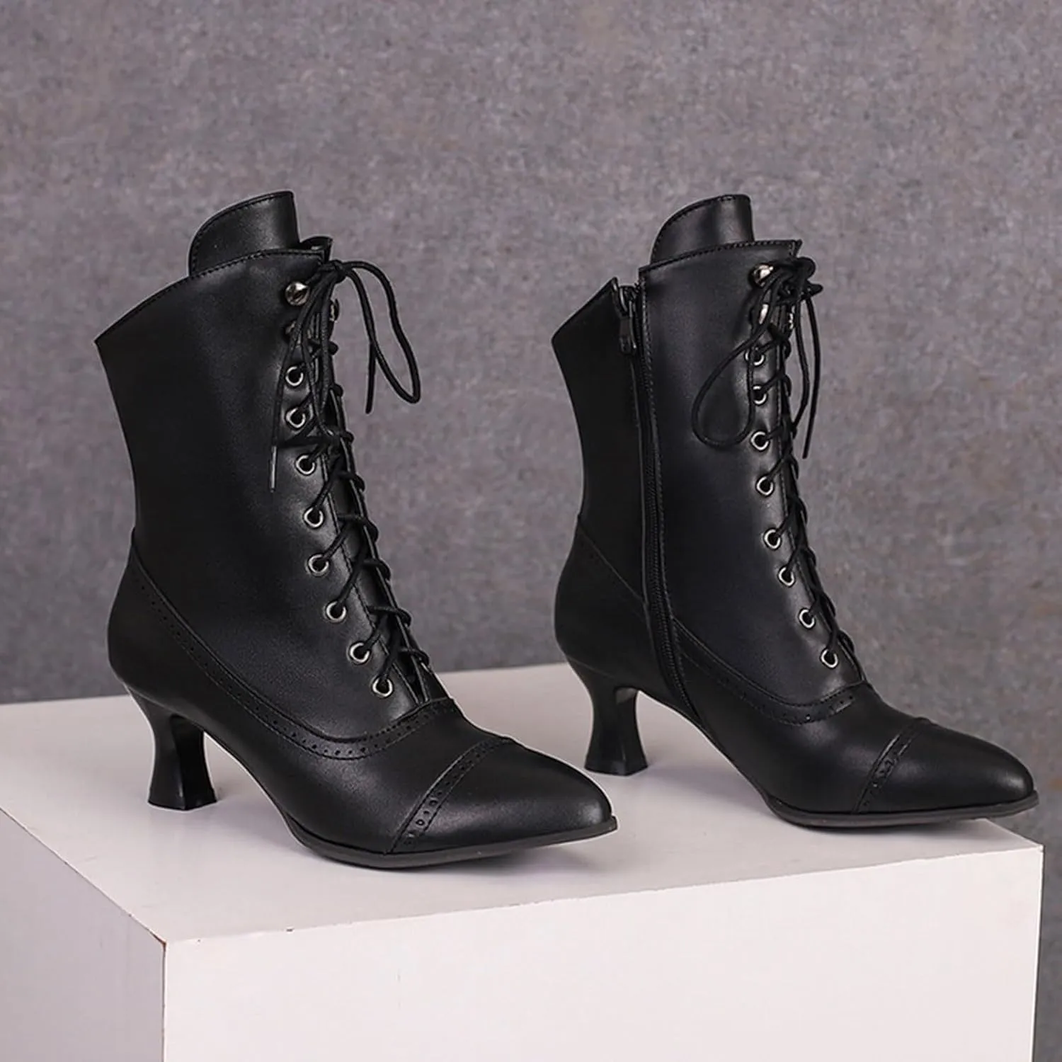 Women's Ankle Boots Victorian Boots Mid Calf Boots Pointed Toe Black Boots Kitten Heel Lace Up Witch Boots Knight Boots for Women Low Heel Dressy Short Booties Renaissance Shoes