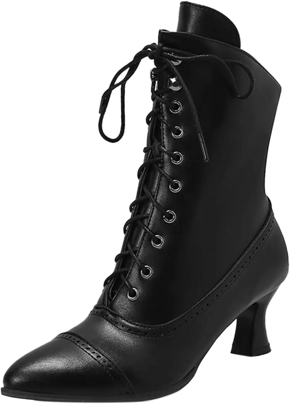 Women's Ankle Boots Victorian Boots Mid Calf Boots Pointed Toe Black Boots Kitten Heel Lace Up Witch Boots Knight Boots for Women Low Heel Dressy Short Booties Renaissance Shoes