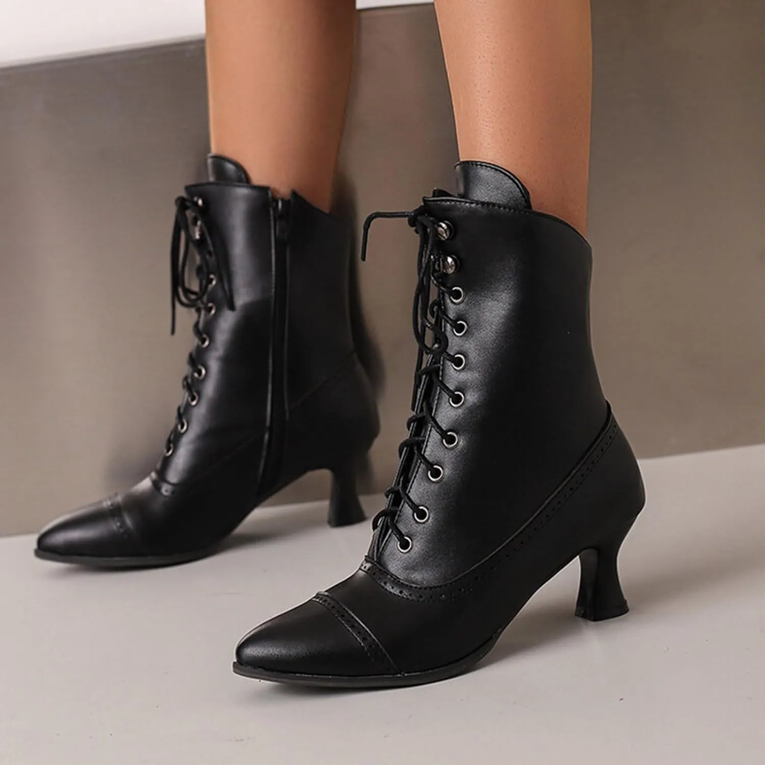 Women's Ankle Boots Victorian Boots Mid Calf Boots Pointed Toe Black Boots Kitten Heel Lace Up Witch Boots Knight Boots for Women Low Heel Dressy Short Booties Renaissance Shoes