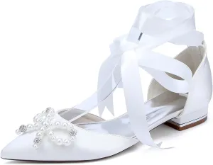 Women's Ballet Flat Tie Up Ankle Strap Pearls Bridal Wedding Shoes Satin Pointed Toe Strap Sandals