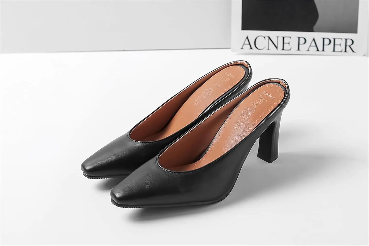 Women's Basic High Chunky Heel Mules for Women Pointed Toe Slip-On Backless Slide Sandals Pumps Work Casual Fashion Business Dress Party Office Comfortable Leather Shoes