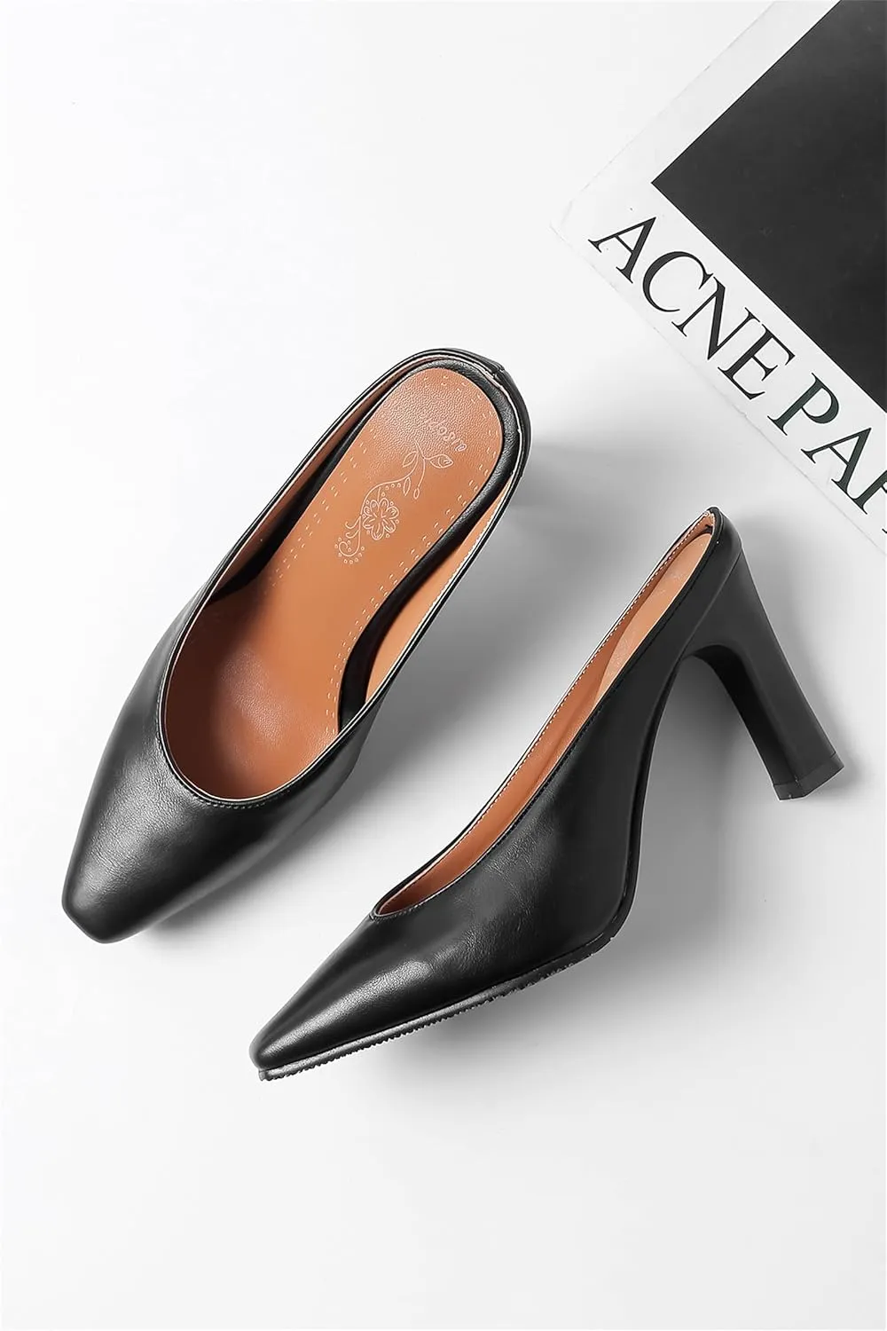 Women's Basic High Chunky Heel Mules for Women Pointed Toe Slip-On Backless Slide Sandals Pumps Work Casual Fashion Business Dress Party Office Comfortable Leather Shoes