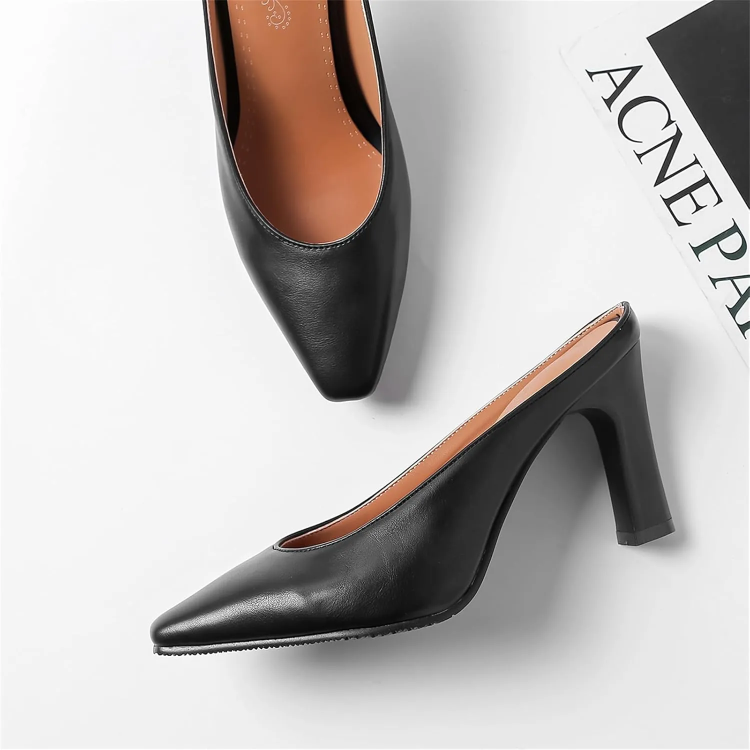 Women's Basic High Chunky Heel Mules for Women Pointed Toe Slip-On Backless Slide Sandals Pumps Work Casual Fashion Business Dress Party Office Comfortable Leather Shoes