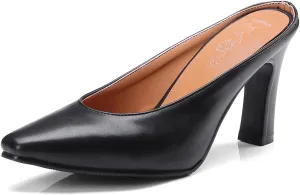 Women's Basic High Chunky Heel Mules for Women Pointed Toe Slip-On Backless Slide Sandals Pumps Work Casual Fashion Business Dress Party Office Comfortable Leather Shoes