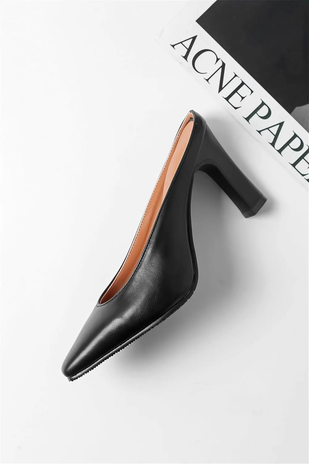 Women's Basic High Chunky Heel Mules for Women Pointed Toe Slip-On Backless Slide Sandals Pumps Work Casual Fashion Business Dress Party Office Comfortable Leather Shoes