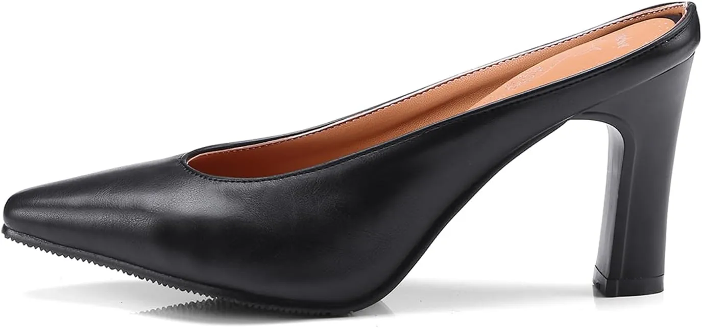 Women's Basic High Chunky Heel Mules for Women Pointed Toe Slip-On Backless Slide Sandals Pumps Work Casual Fashion Business Dress Party Office Comfortable Leather Shoes