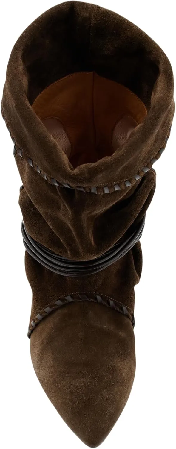 Womens Black Solid Slouchy Boots 2025 Ruched Mid Calf Kitten Heel Pointed Toe Pull On Boots