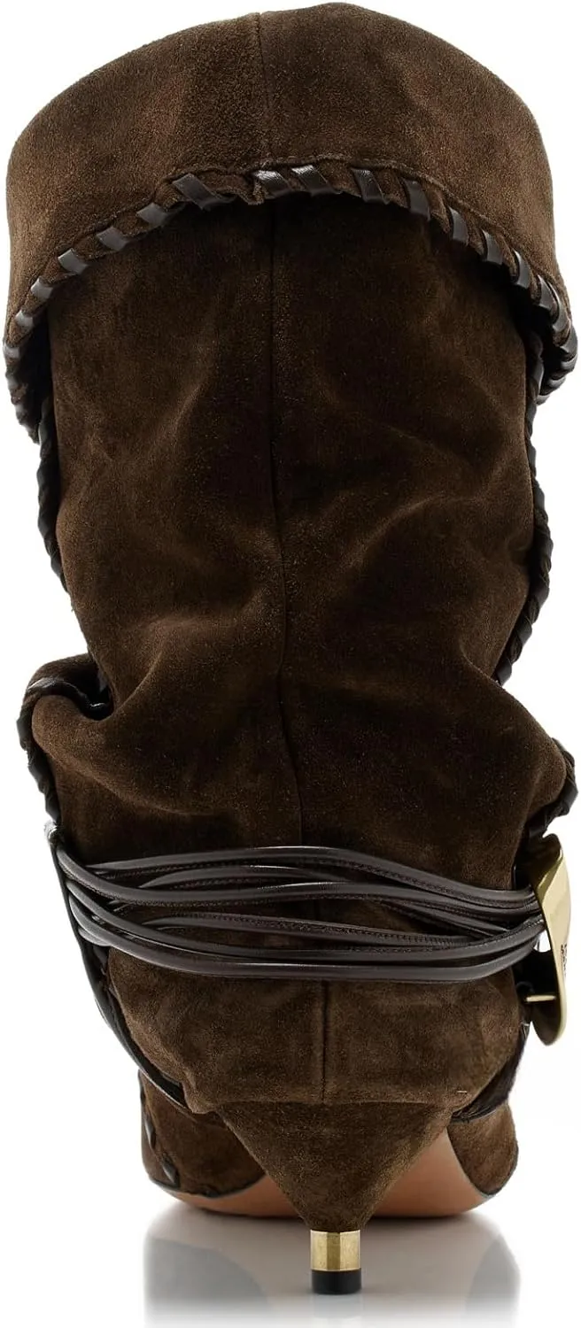 Womens Black Solid Slouchy Boots 2025 Ruched Mid Calf Kitten Heel Pointed Toe Pull On Boots