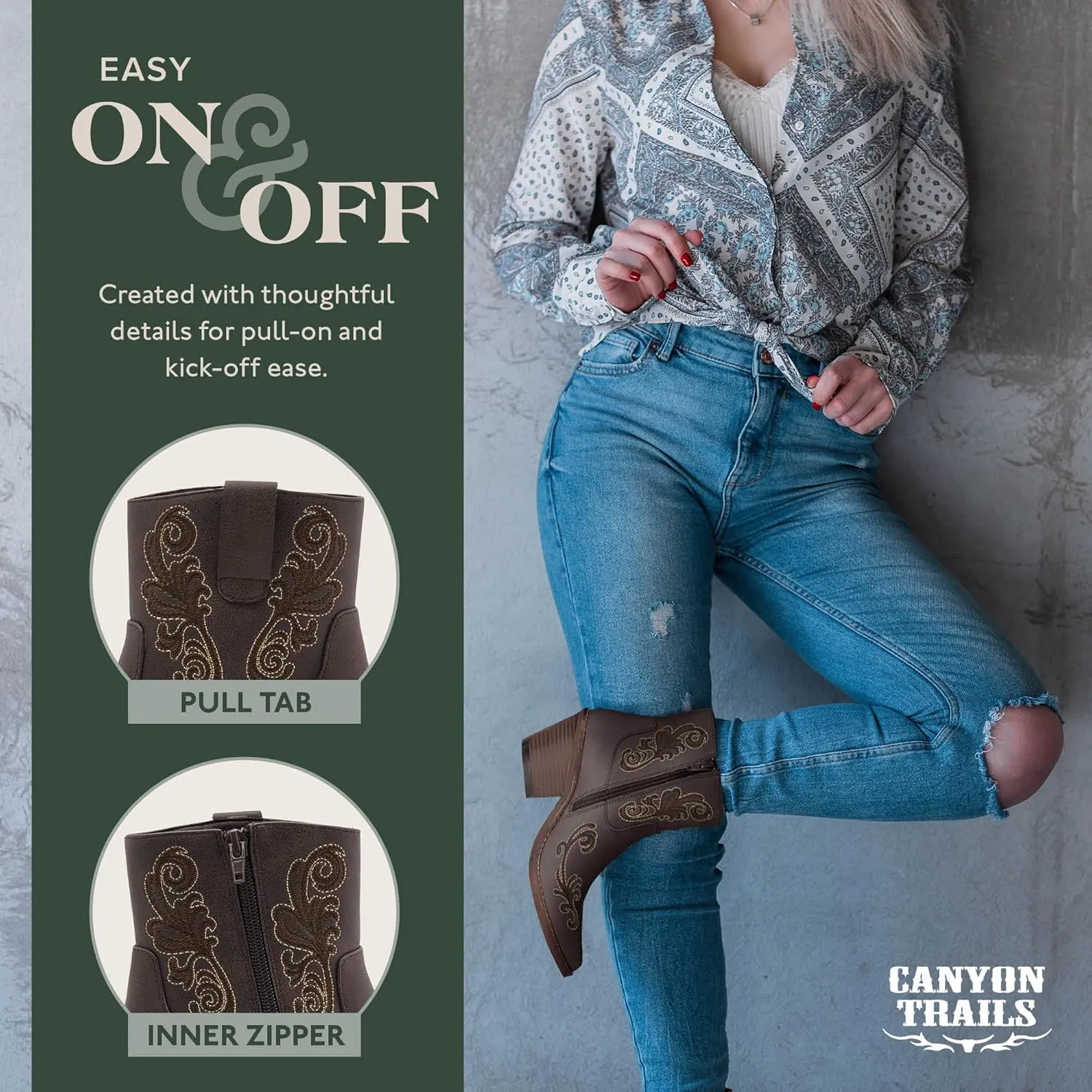 Women's Black Western Cowboy Boots - Ankle-High Booties with Side Zippers, Durable Stack Heel, Comfortable Faux Leather, Perfect for Casual Wear, Dancing, Riding, Special Occasions