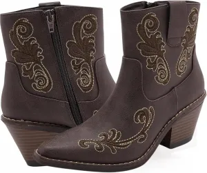 Women's Black Western Cowboy Boots - Ankle-High Booties with Side Zippers, Durable Stack Heel, Comfortable Faux Leather, Perfect for Casual Wear, Dancing, Riding, Special Occasions
