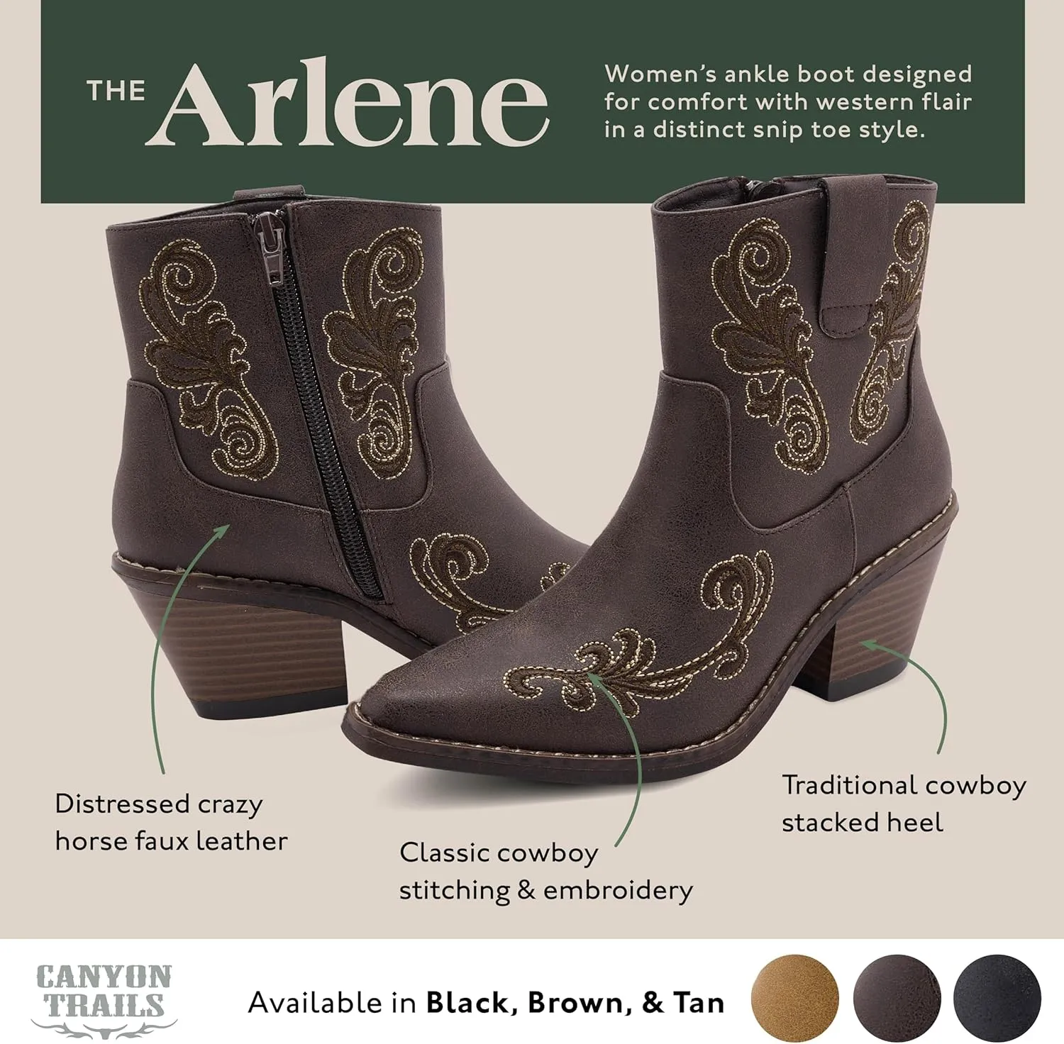 Women's Black Western Cowboy Boots - Ankle-High Booties with Side Zippers, Durable Stack Heel, Comfortable Faux Leather, Perfect for Casual Wear, Dancing, Riding, Special Occasions