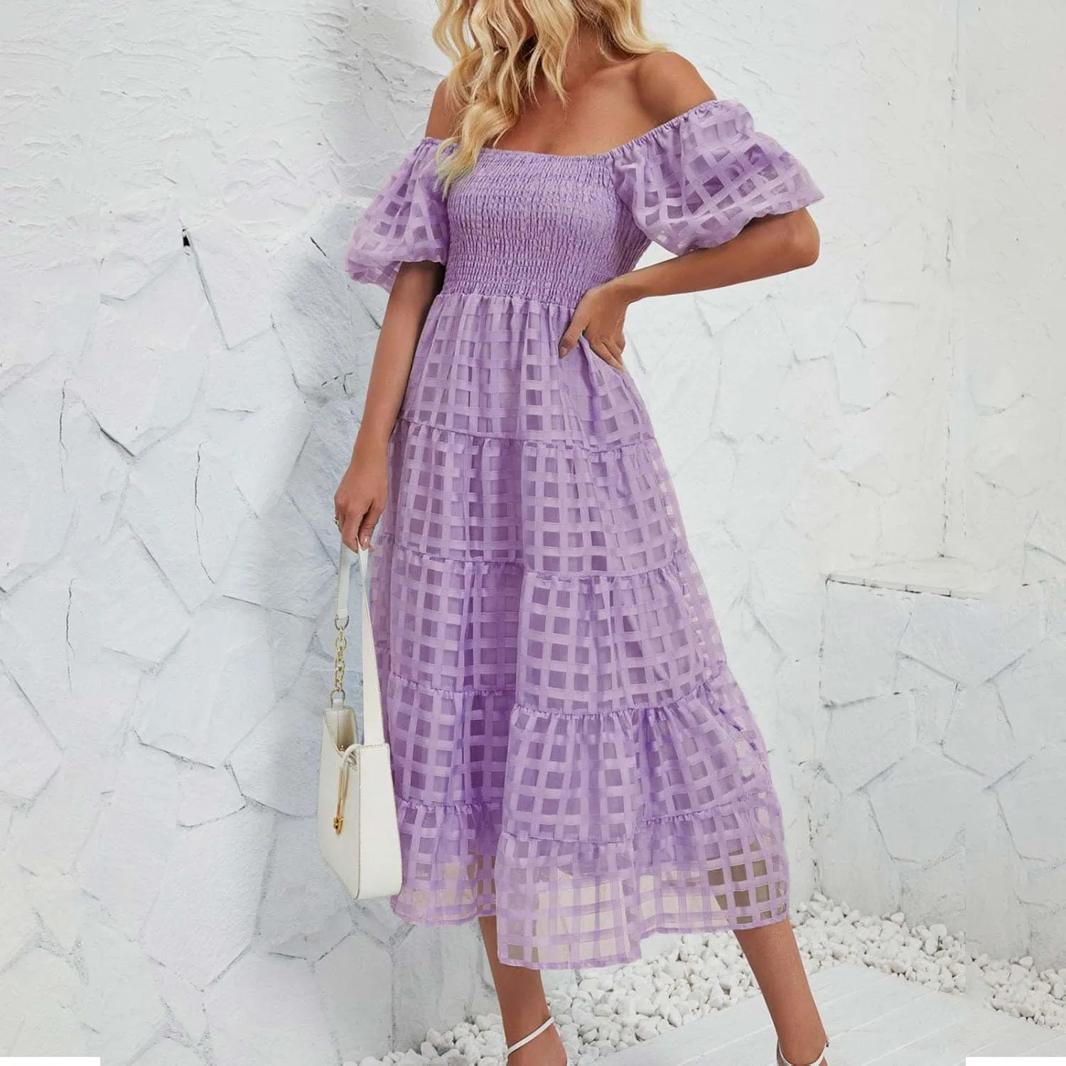 Womens Bohemian Dresses Summer Casual Off Shoulder Puff Sleeve Midi Boho Dress Tiered Ruffle Sundress Vacation Outfit