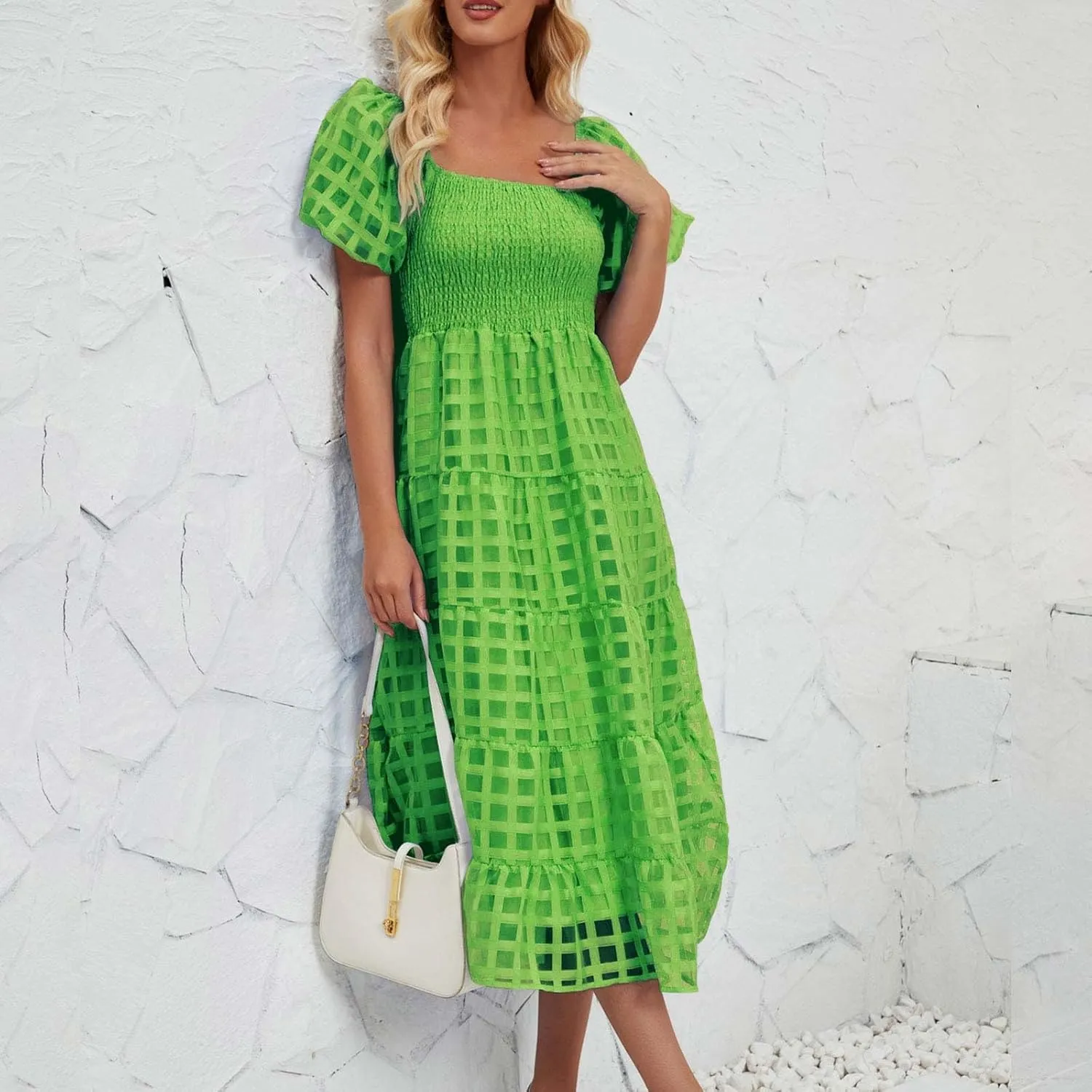 Womens Bohemian Dresses Summer Casual Off Shoulder Puff Sleeve Midi Boho Dress Tiered Ruffle Sundress Vacation Outfit