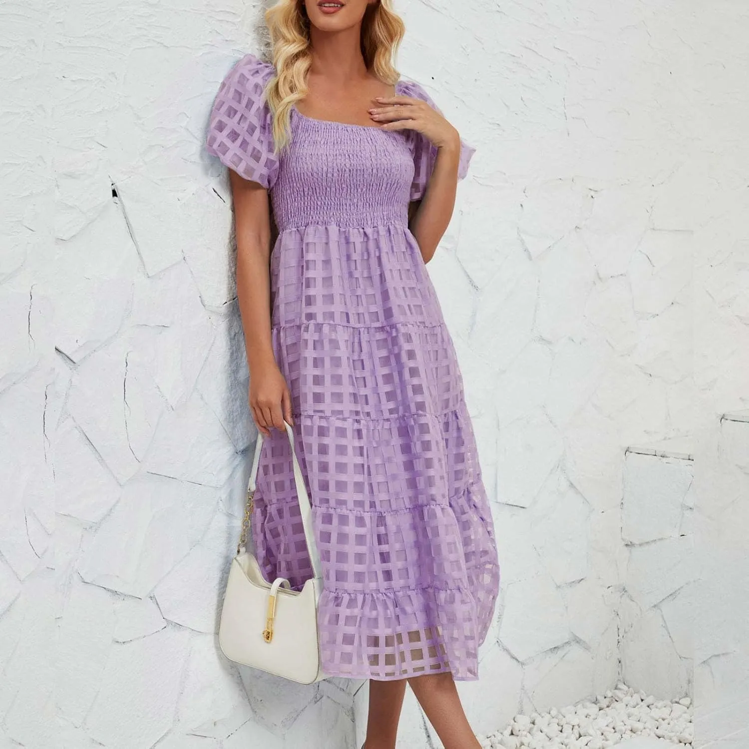 Womens Bohemian Dresses Summer Casual Off Shoulder Puff Sleeve Midi Boho Dress Tiered Ruffle Sundress Vacation Outfit