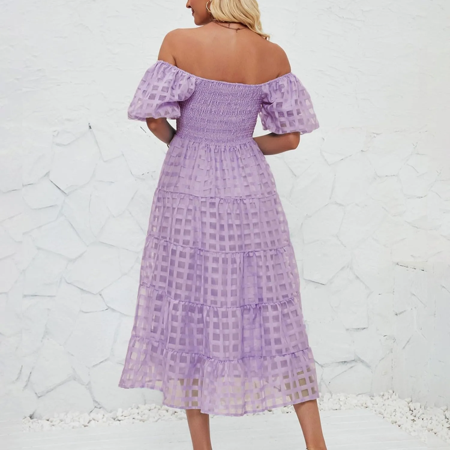 Womens Bohemian Dresses Summer Casual Off Shoulder Puff Sleeve Midi Boho Dress Tiered Ruffle Sundress Vacation Outfit