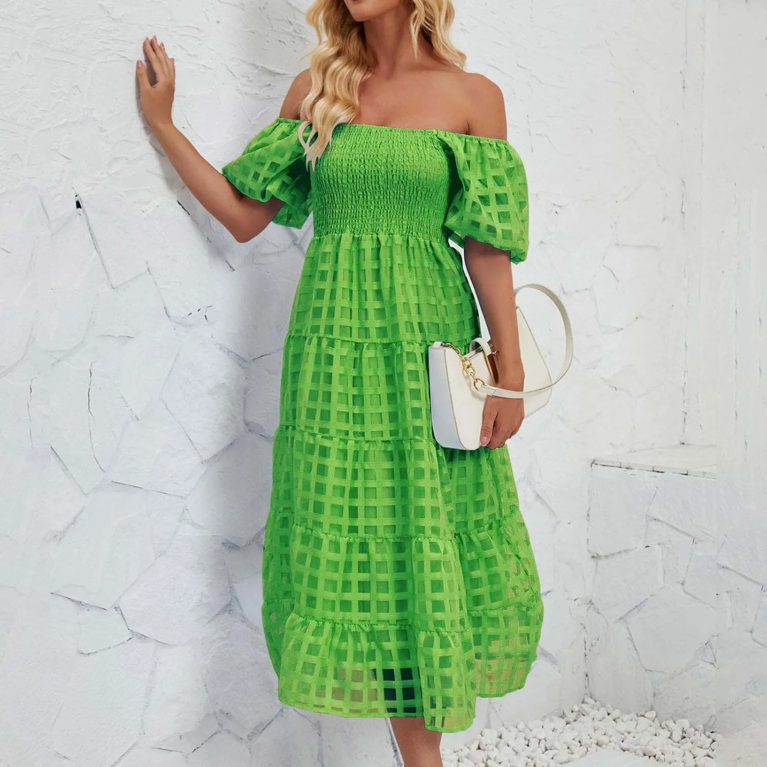 Womens Bohemian Dresses Summer Casual Off Shoulder Puff Sleeve Midi Boho Dress Tiered Ruffle Sundress Vacation Outfit