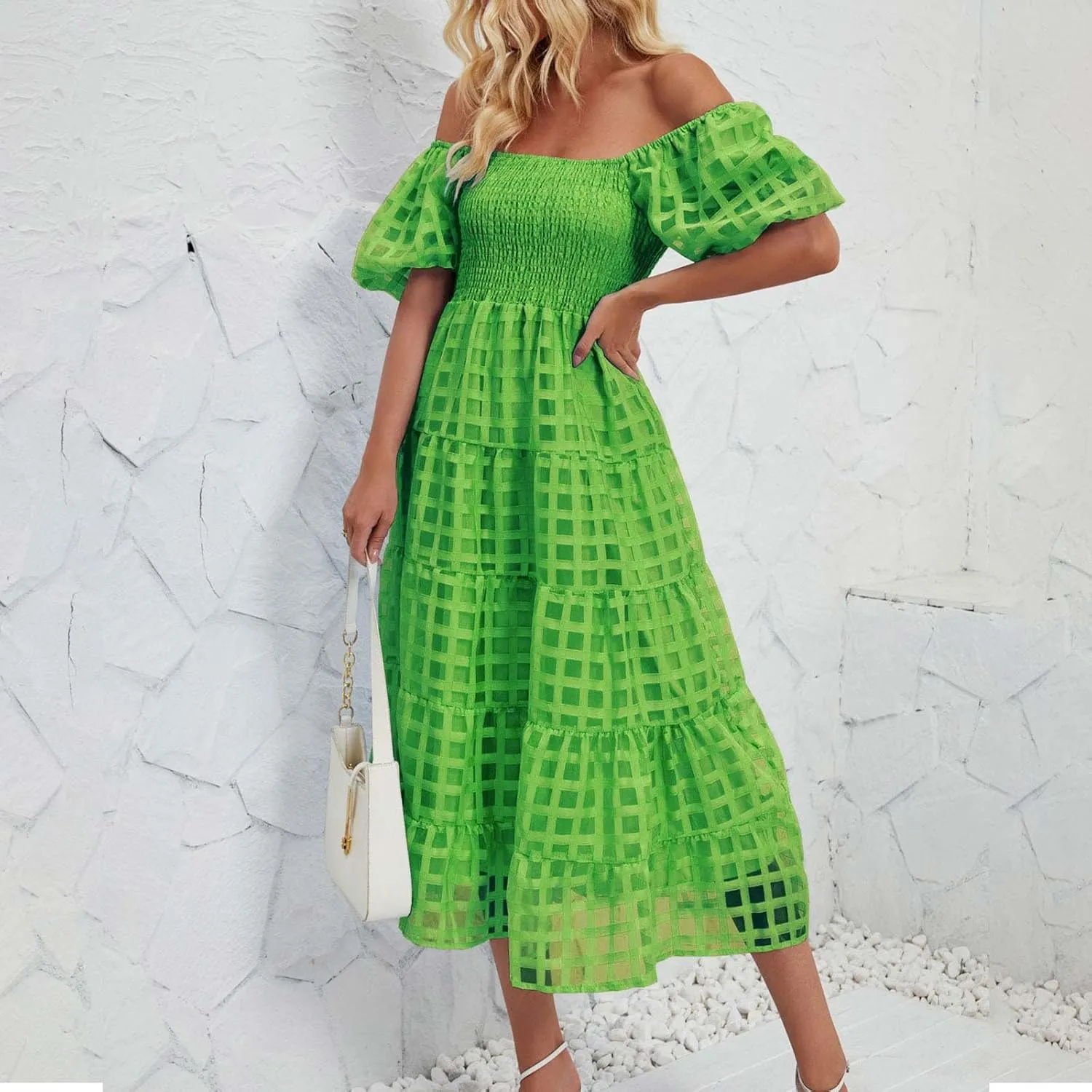 Womens Bohemian Dresses Summer Casual Off Shoulder Puff Sleeve Midi Boho Dress Tiered Ruffle Sundress Vacation Outfit