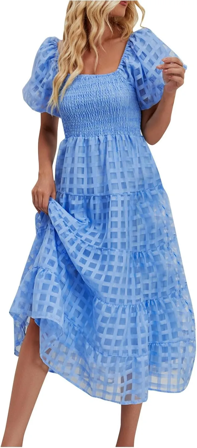 Womens Bohemian Dresses Summer Casual Off Shoulder Puff Sleeve Midi Boho Dress Tiered Ruffle Sundress Vacation Outfit