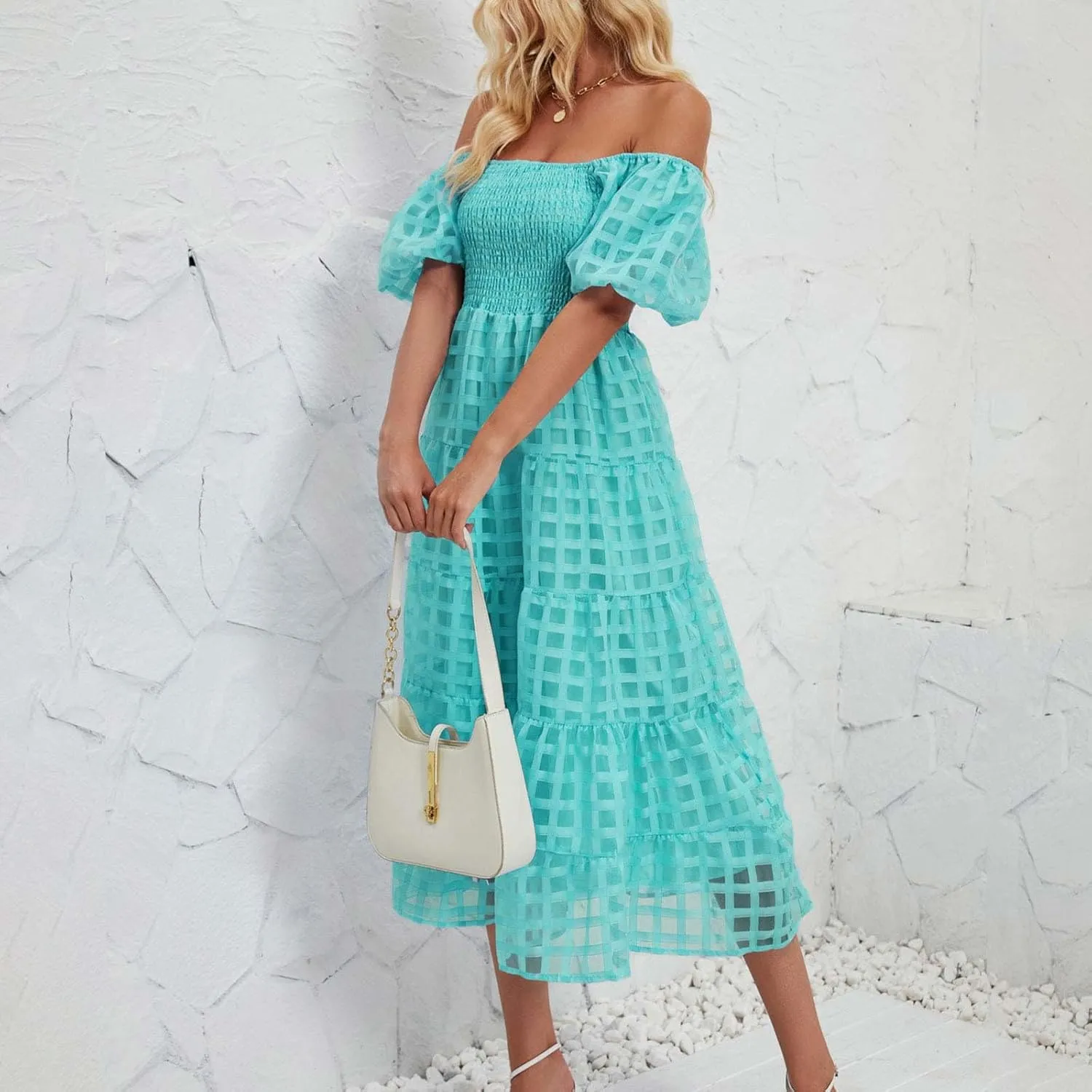 Womens Bohemian Dresses Summer Casual Off Shoulder Puff Sleeve Midi Boho Dress Tiered Ruffle Sundress Vacation Outfit