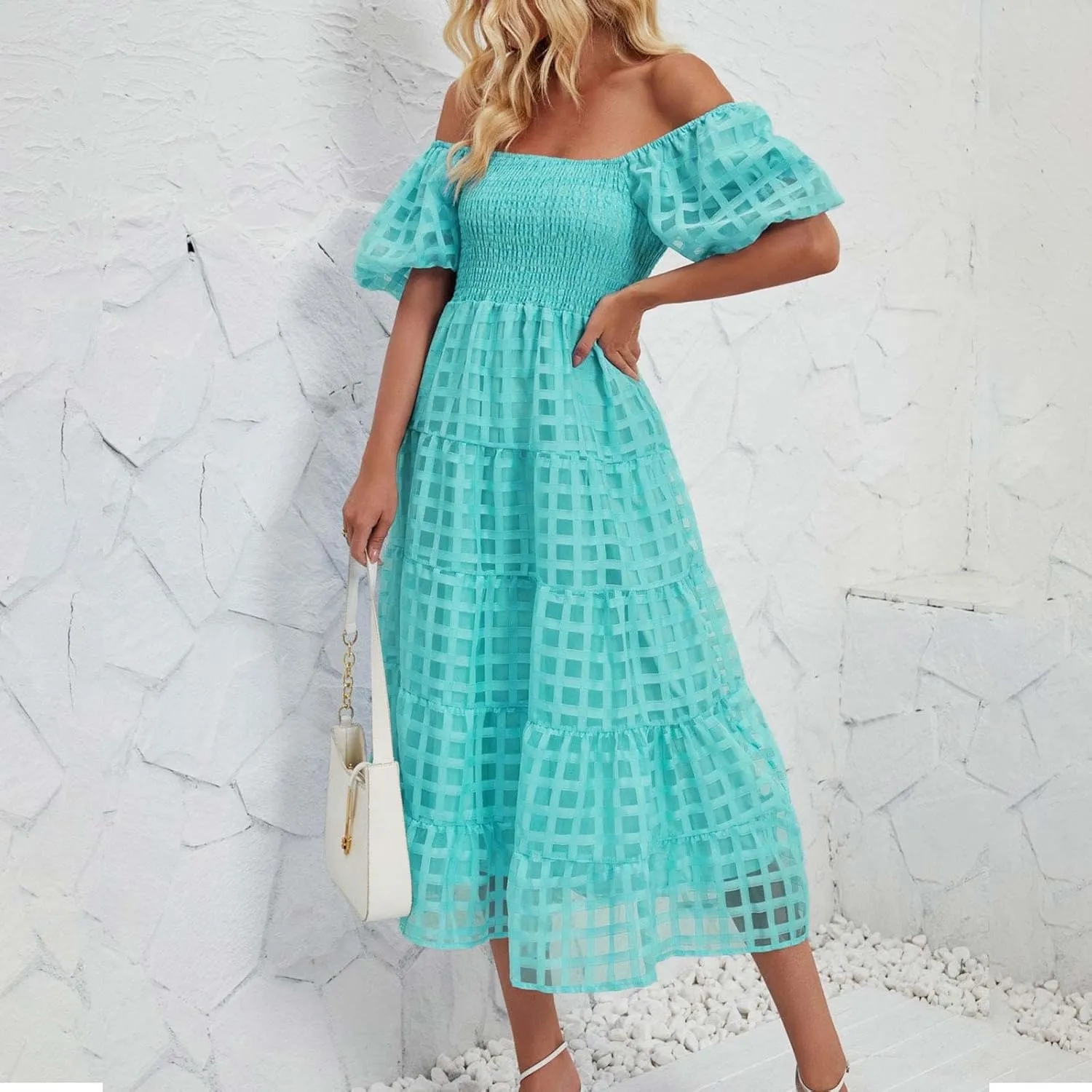 Womens Bohemian Dresses Summer Casual Off Shoulder Puff Sleeve Midi Boho Dress Tiered Ruffle Sundress Vacation Outfit