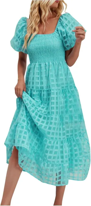 Womens Bohemian Dresses Summer Casual Off Shoulder Puff Sleeve Midi Boho Dress Tiered Ruffle Sundress Vacation Outfit