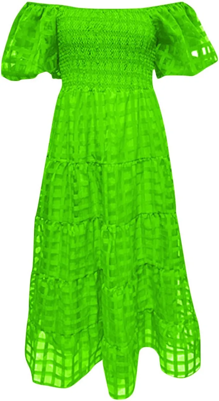 Womens Bohemian Dresses Summer Casual Off Shoulder Puff Sleeve Midi Boho Dress Tiered Ruffle Sundress Vacation Outfit
