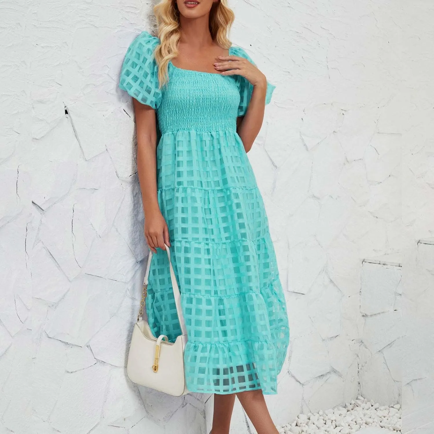 Womens Bohemian Dresses Summer Casual Off Shoulder Puff Sleeve Midi Boho Dress Tiered Ruffle Sundress Vacation Outfit